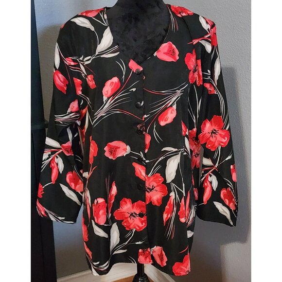Trendy Looks Blouse 1X Red Black Floral Print Button Front Long Sleeve Shirt - Picture 1 of 7